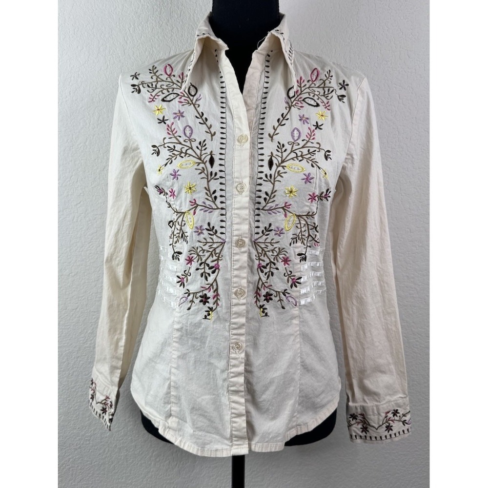 BCBG Maxazria Womens Embroidered Button Down Shirt Blouse Sz 10 Boho Cottagecore